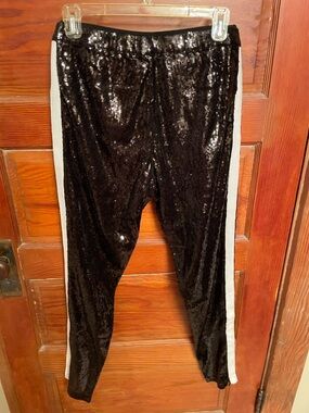 Sequin Track Pants with White Side Stripe - Black
